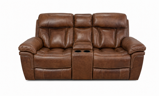 Dark Brown Leather Rocking Loveseat with Console