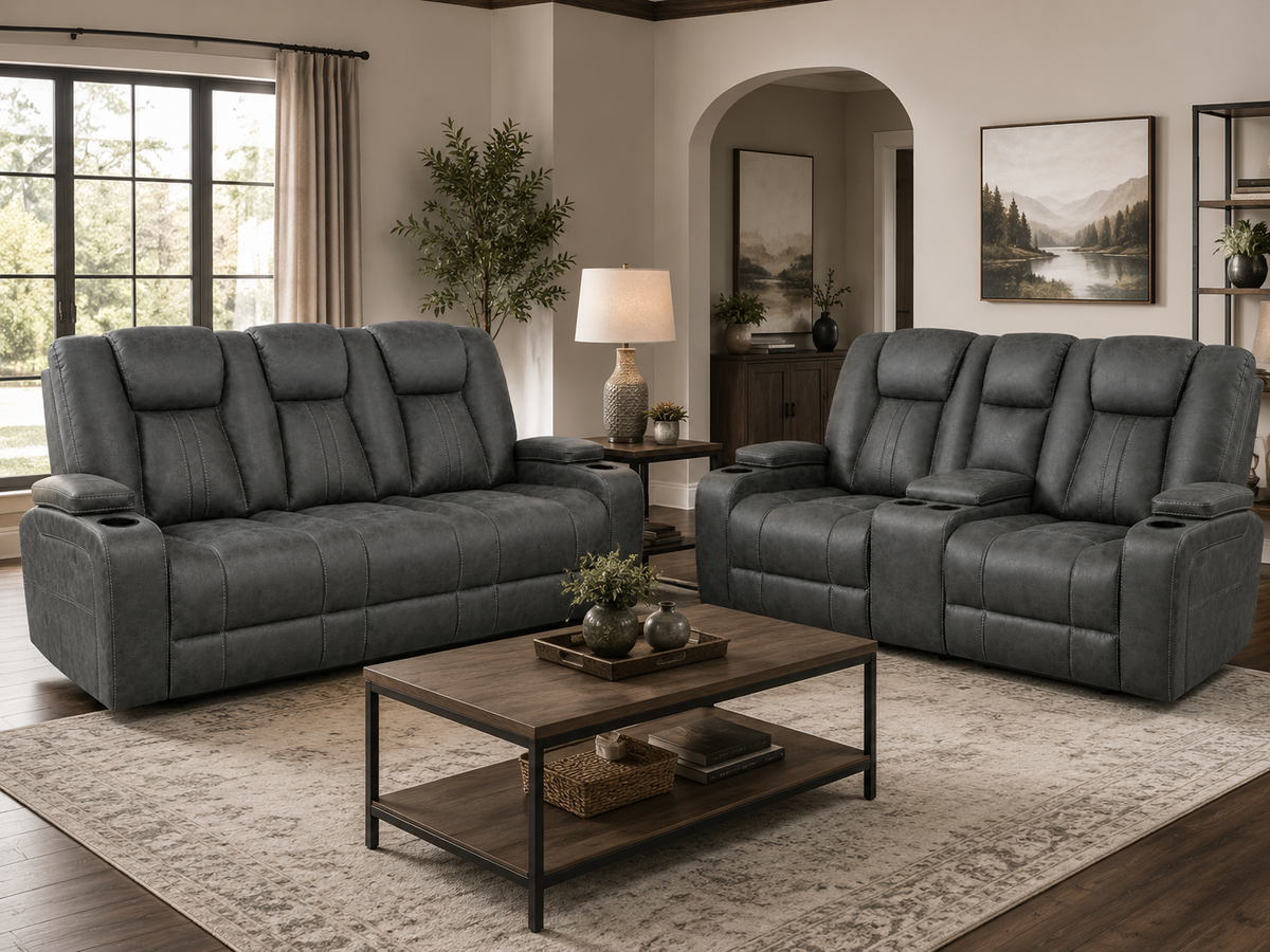 Grey Performance Sofa with Storage Armrests.