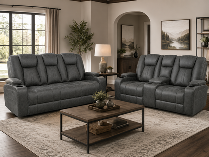 Grey Performance Sofa with Storage Armrests.